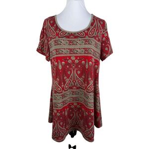 Hibelle Women's XXL Red Paisley Floral Tunic Top Short Sleeve Scoop Neck Boho